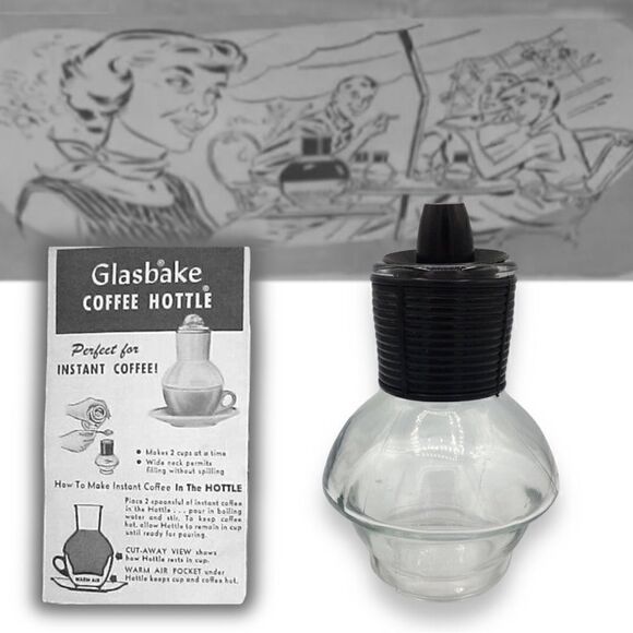 Vintage Glasbake USA Coffee Tea Hottle Black Banded Neck & Lid - Picture 1 of 15